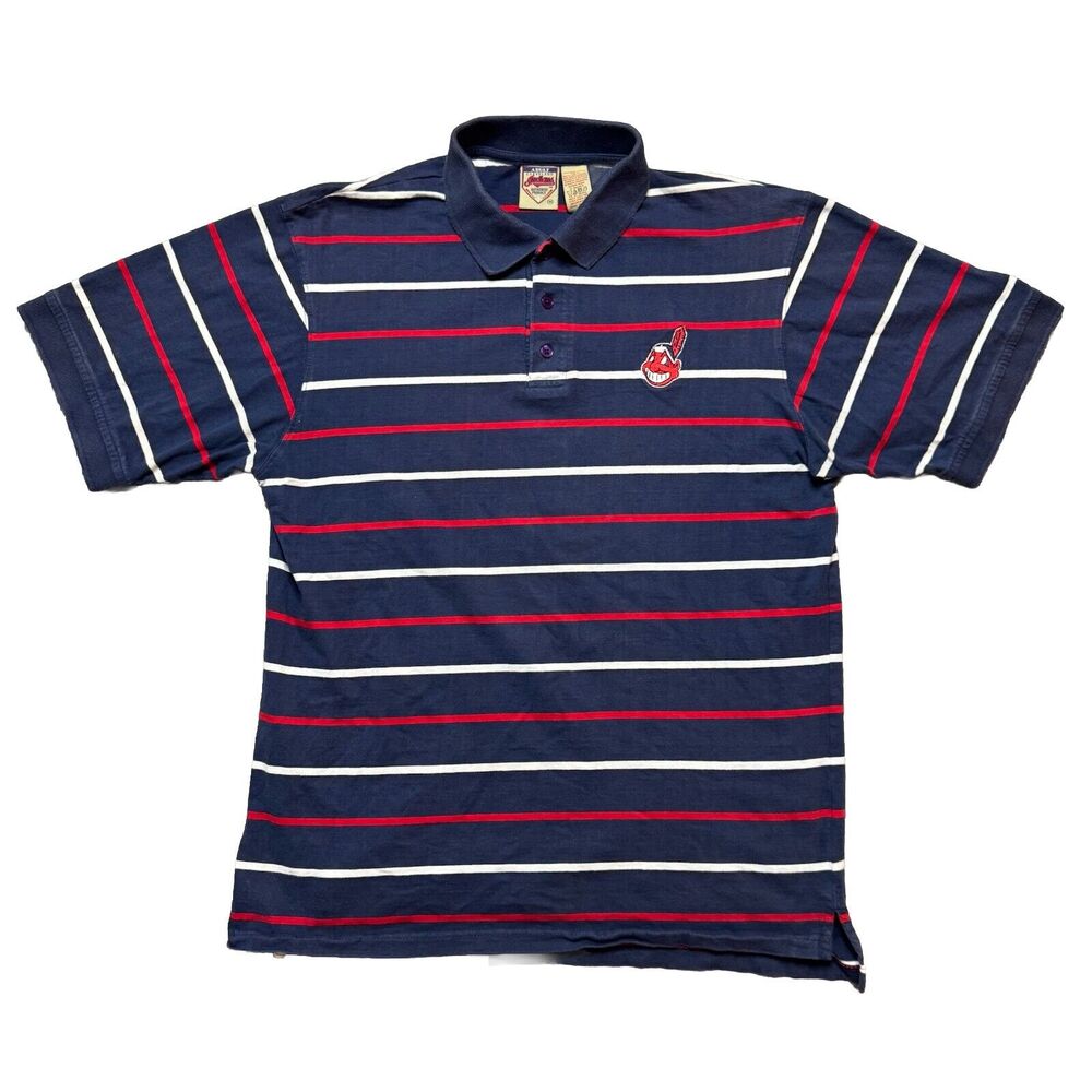 Cleveland Indians Chief Wahoo Polo Men's Medium Blue Striped MLB Guardians Shirt